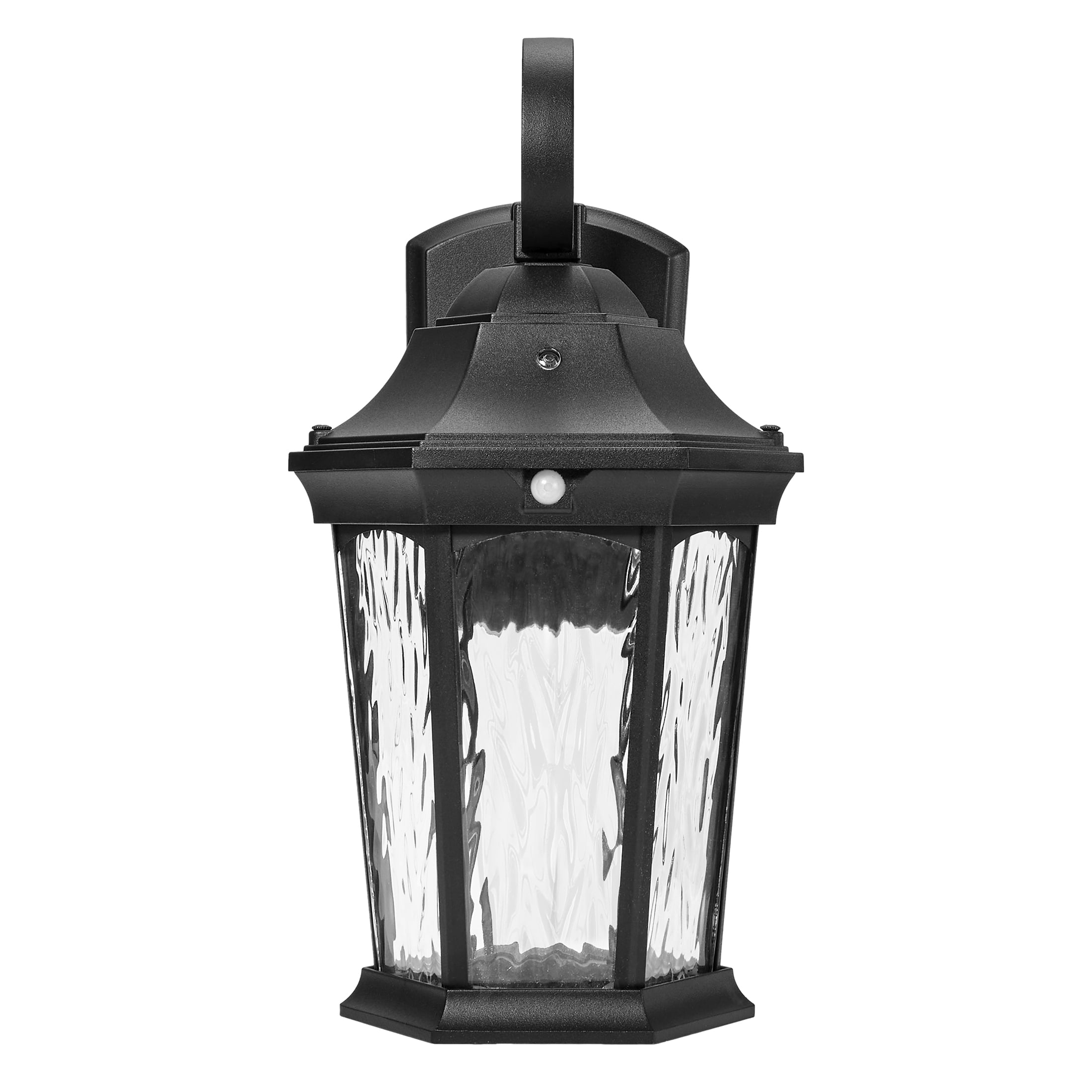 Maxxima LED Motion Sensor Outdoor Wall Light, Dusk to Dawn Sensor, Black w/ Clear Water Glass, 800 Lumens, 3000K Warm White