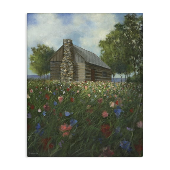 Stupell Industries Log Cabin Meadow Landscape Painting Gallery Wrapped Canvas Art Print Wall Art, 16 x 20
