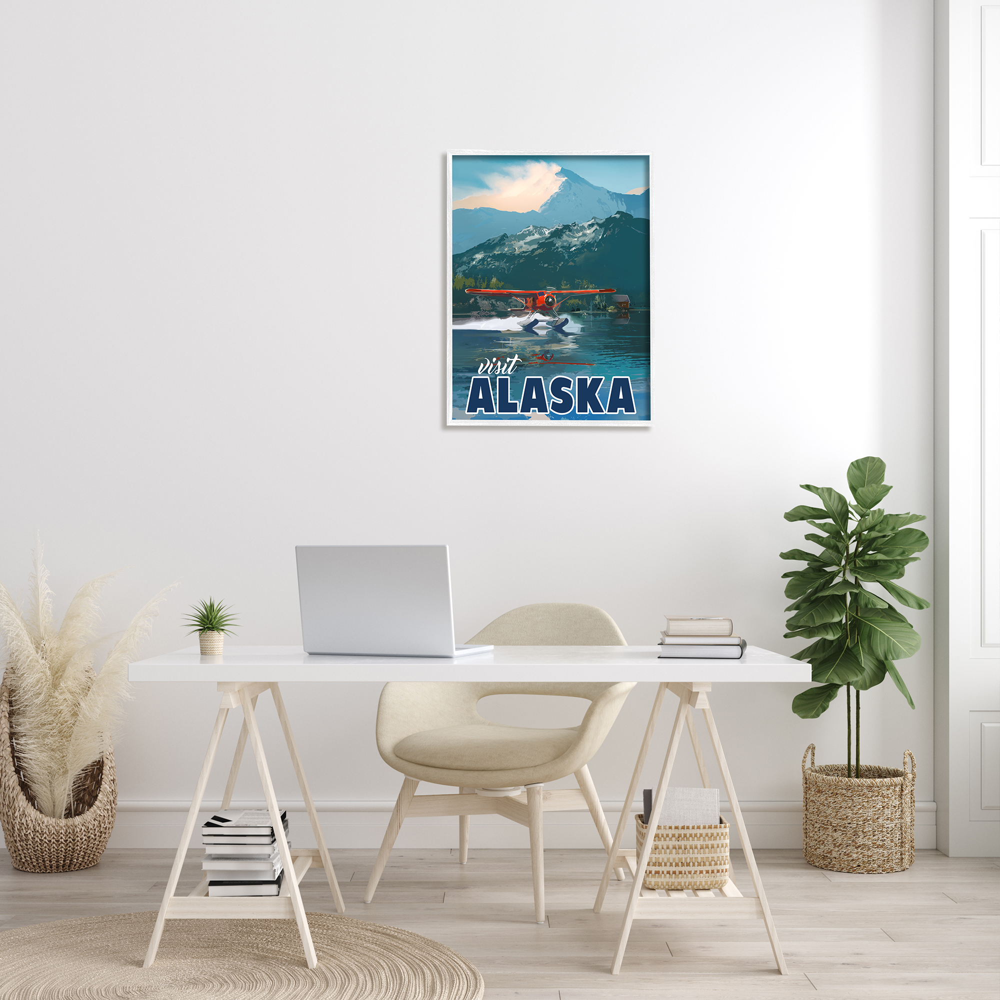 Stupell Industries Visit Alaska Seaplane Landing Snowy Mountain Scenery Graphic Art White Framed Art Print Wall Art, Design by David Owens Illustration