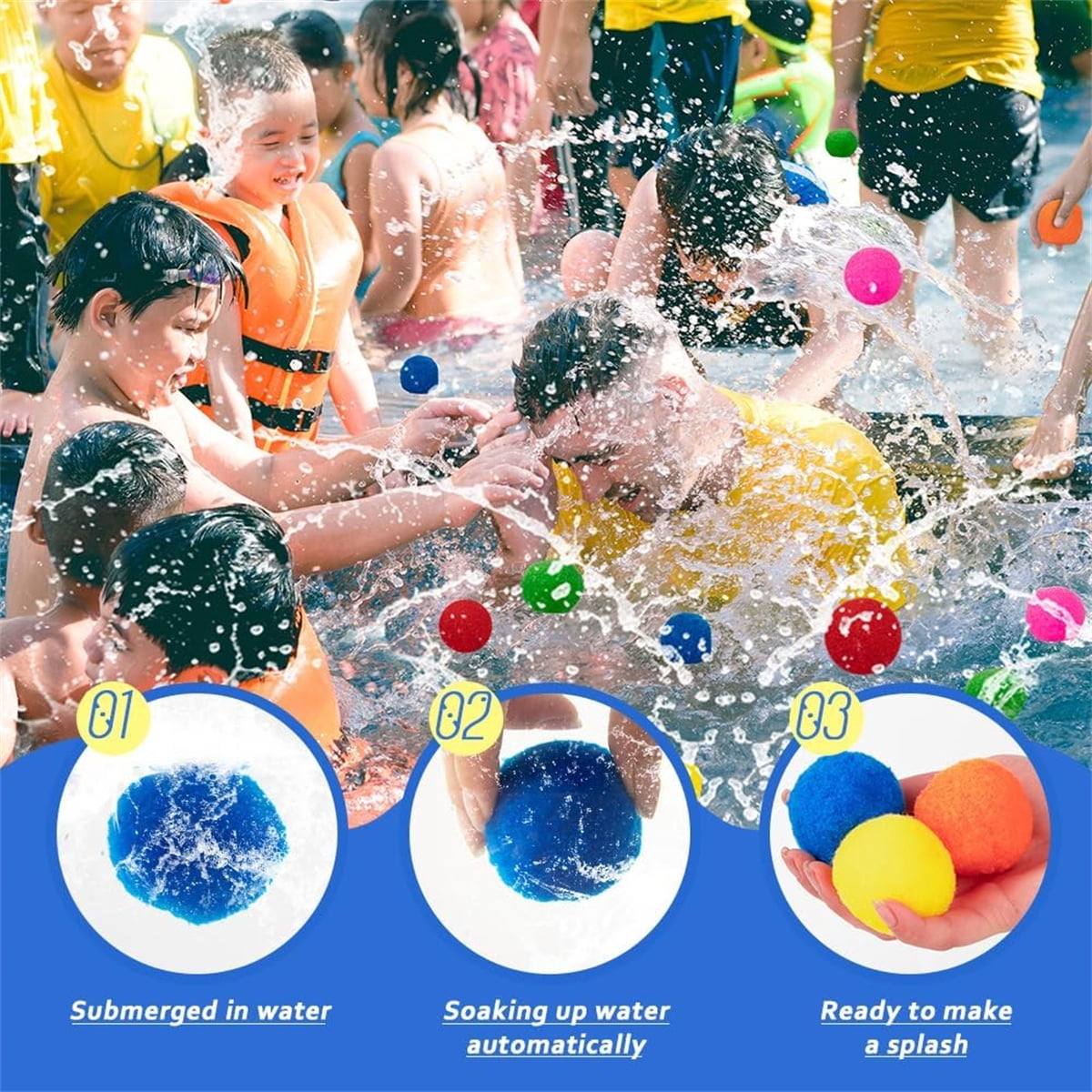 Cotton Water Balls, GIXUSIL 100 Pcs Reusable Soft Splash Water Balloons for Outdoor Yard Pool Beach Fun Game Summer Water Toys Present for Adult (Colour Mixture)