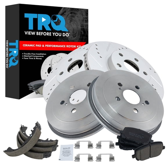 TRQ Front & Rear Brake Pad & Rotor,Shoe & Drum Kit Premium G-Coated Ceramic Performance Fits 2003-2008 Toyota Corolla