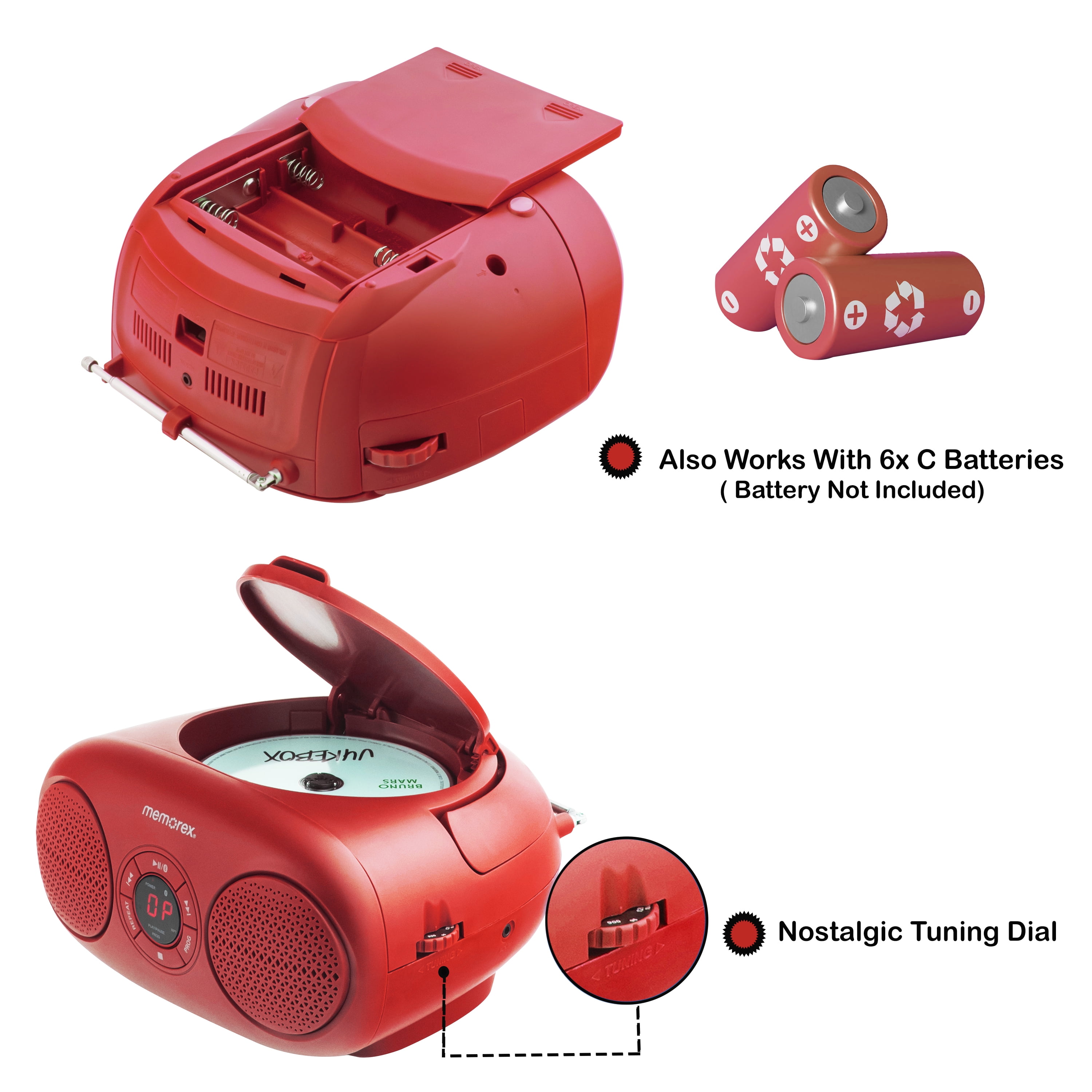 Memorex MX-BCD20(R) Portable CD Player | AM/FM Stereo Radio with Telescopic Antennas | CD-R/RW Compatible | Programmable Memory | LED Display | AUX Input | AC & Battery Powered (Red)