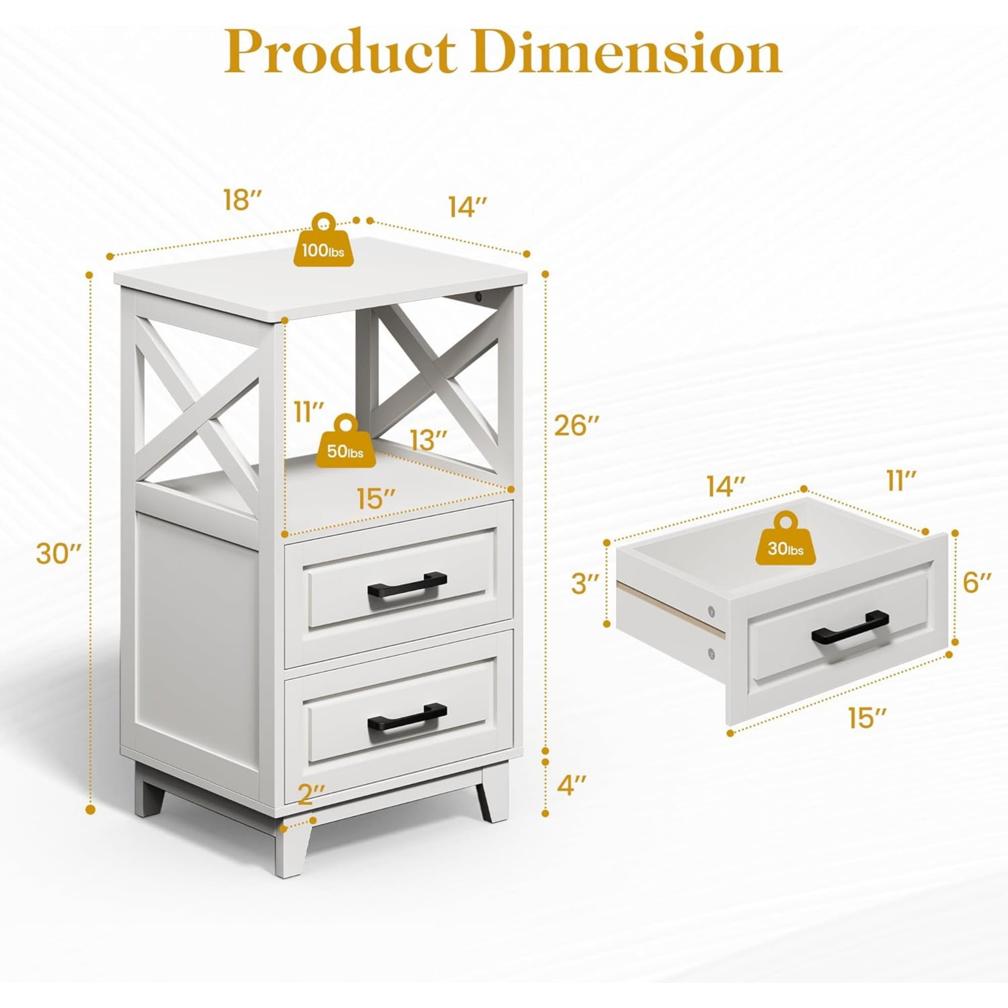 Cozy Home Tall Nightstand with 2 Drawers and Open Shelf, 2 Piece, White
