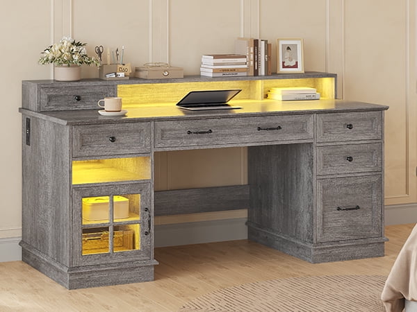 Toogaho Executive Desk with Drawers Computer Desk with File Drawers, Power Outlet and Led Lights,Farmhouse Office Desk with Storage Cabinet and Monitor Shelf for Home Office, Grey