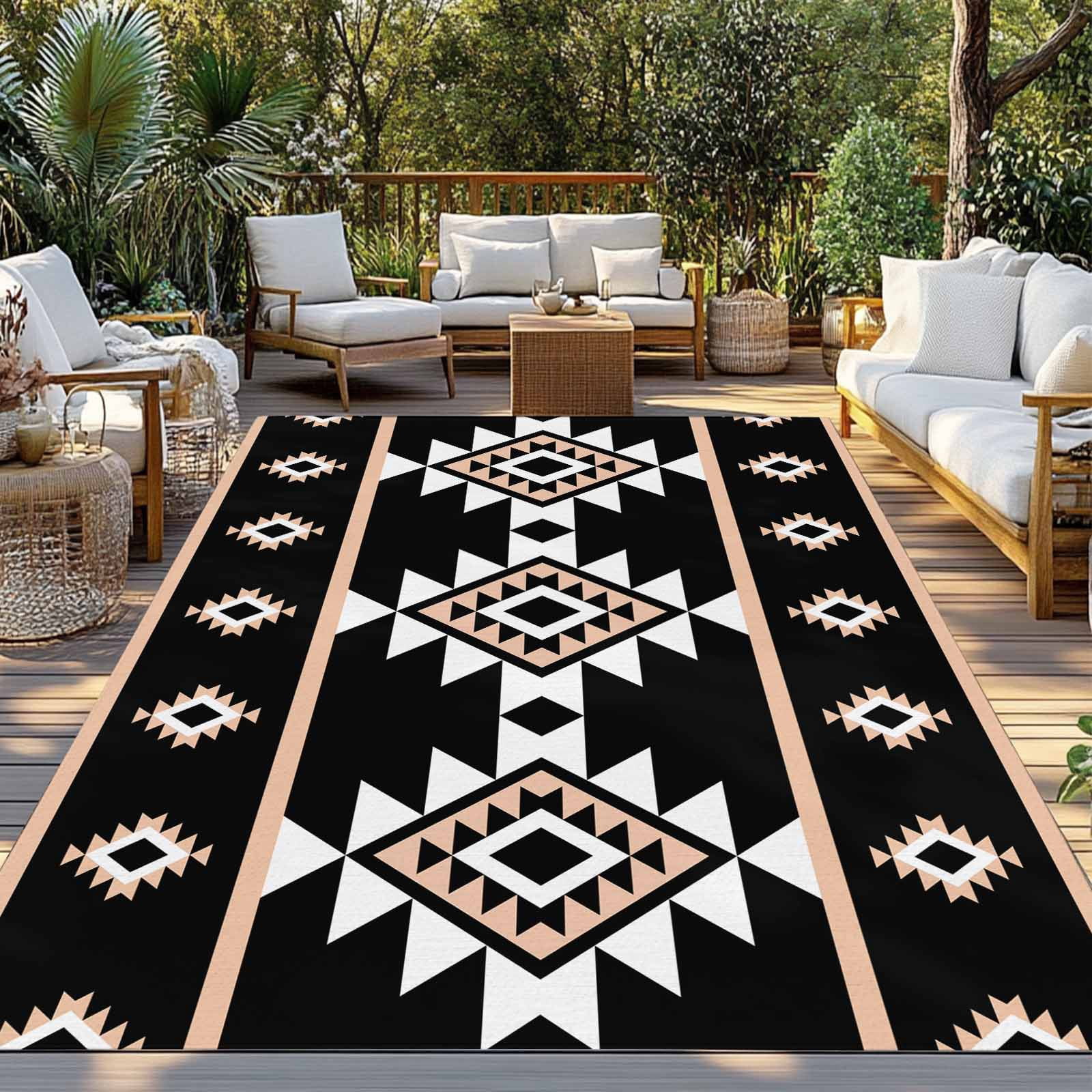 Fsddascl Black White Boho Outdoor Rug for Patio/Deck/Porch, Non-Slip Large Area Rug 4 x 6 Ft, Modern Western Aztec Abstract Geometric Indoor Outdoor Rugs Washable Area Rugs, Camping Rug Carpet