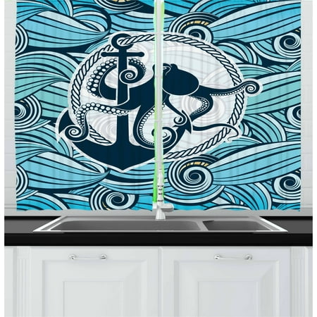 Nautical Designs - Octopus Curtains 2 Panels Set, Symbol of Octopus Against the Background of Stylized Sea Waves Nautical Design, Window Drapes for Living Room Bedroom, 55W X 39L Inches, Multicolor, by Ambesonne