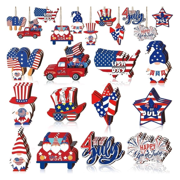 36 Pcs 4th of July Ornaments for Tree Patriotic Wooden Ornaments 250th Anniversary Memorial Day Red White Blue Tree Decorations American Flag Gnome Star Hanging Sign Independence Day Decor