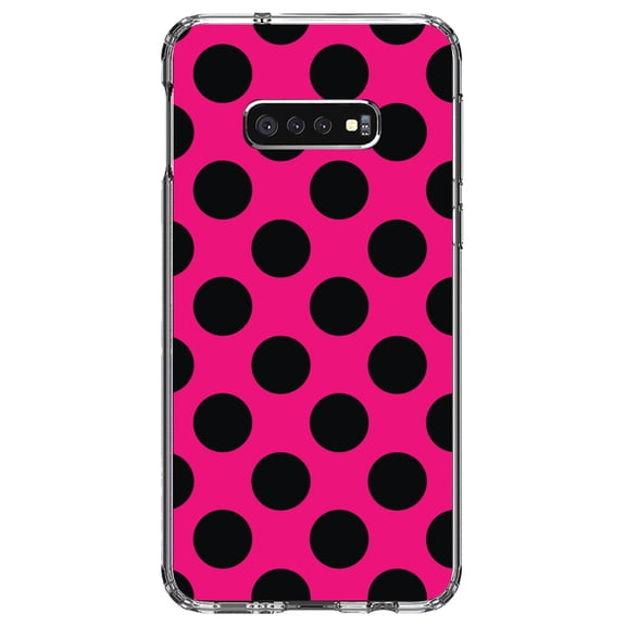 DistinctInk Clear Shockproof Hybrid Case for Samsung Galaxy S10e (5.8" Screen) - TPU Bumper, Acrylic Back, Tempered Glass Screen Protector - Black & Hot Pink Polka Dots