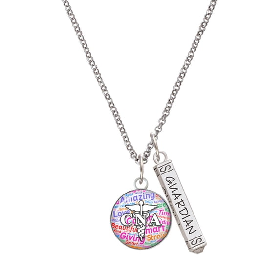 Delight Jewelry Silvertone Domed Multi Color CNA Silvertone Guardian Angel Bar Charm Necklace, 23"