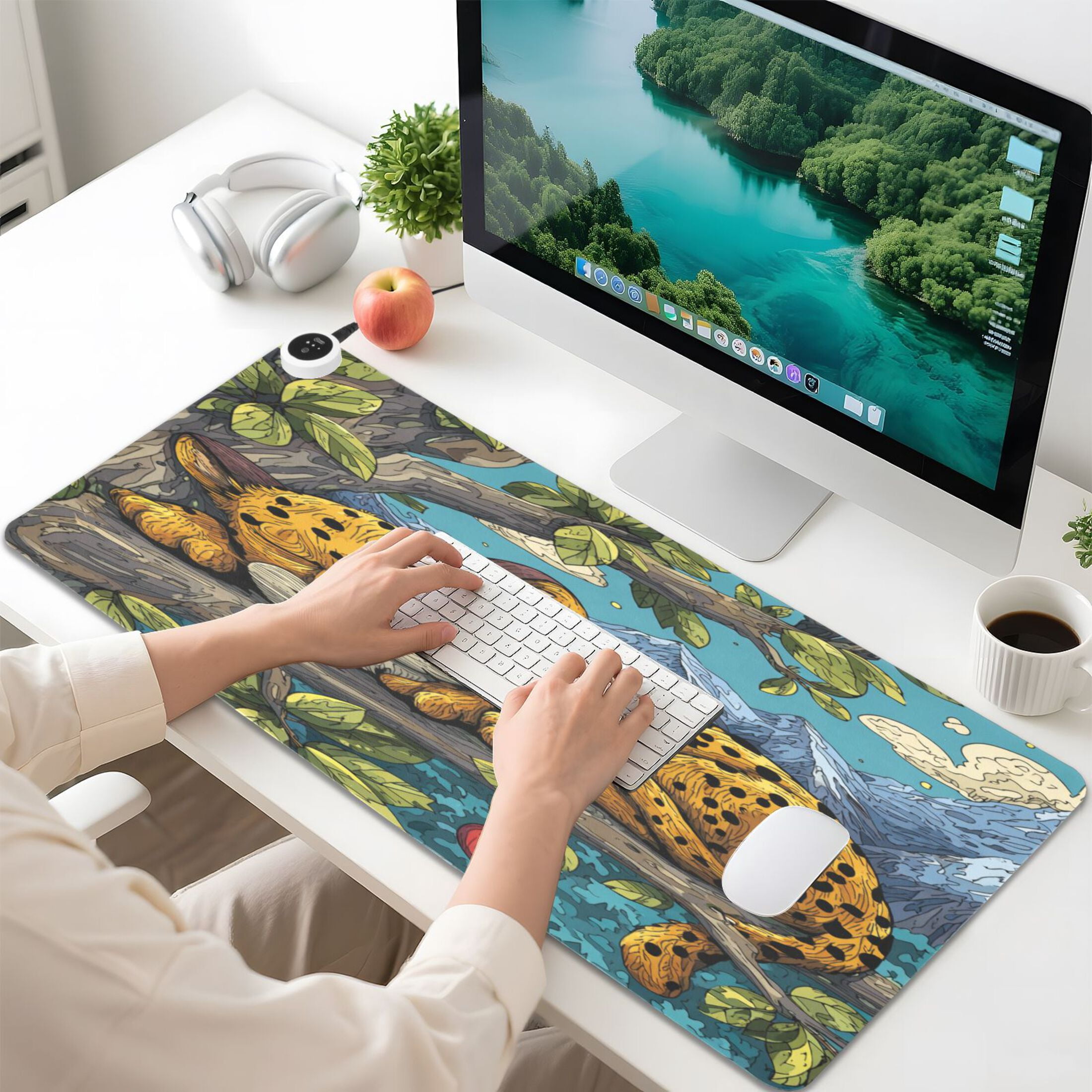 Large Heated Desk Mat Mouse Pad 31.5"x13"PU Leather Graphene Heating Desk Warmer with 3 Temperature Settings 110V US Plug Non-Slip Warm Pad for Home, Office, and Gaming A Cute Leopard Cub Sleeping