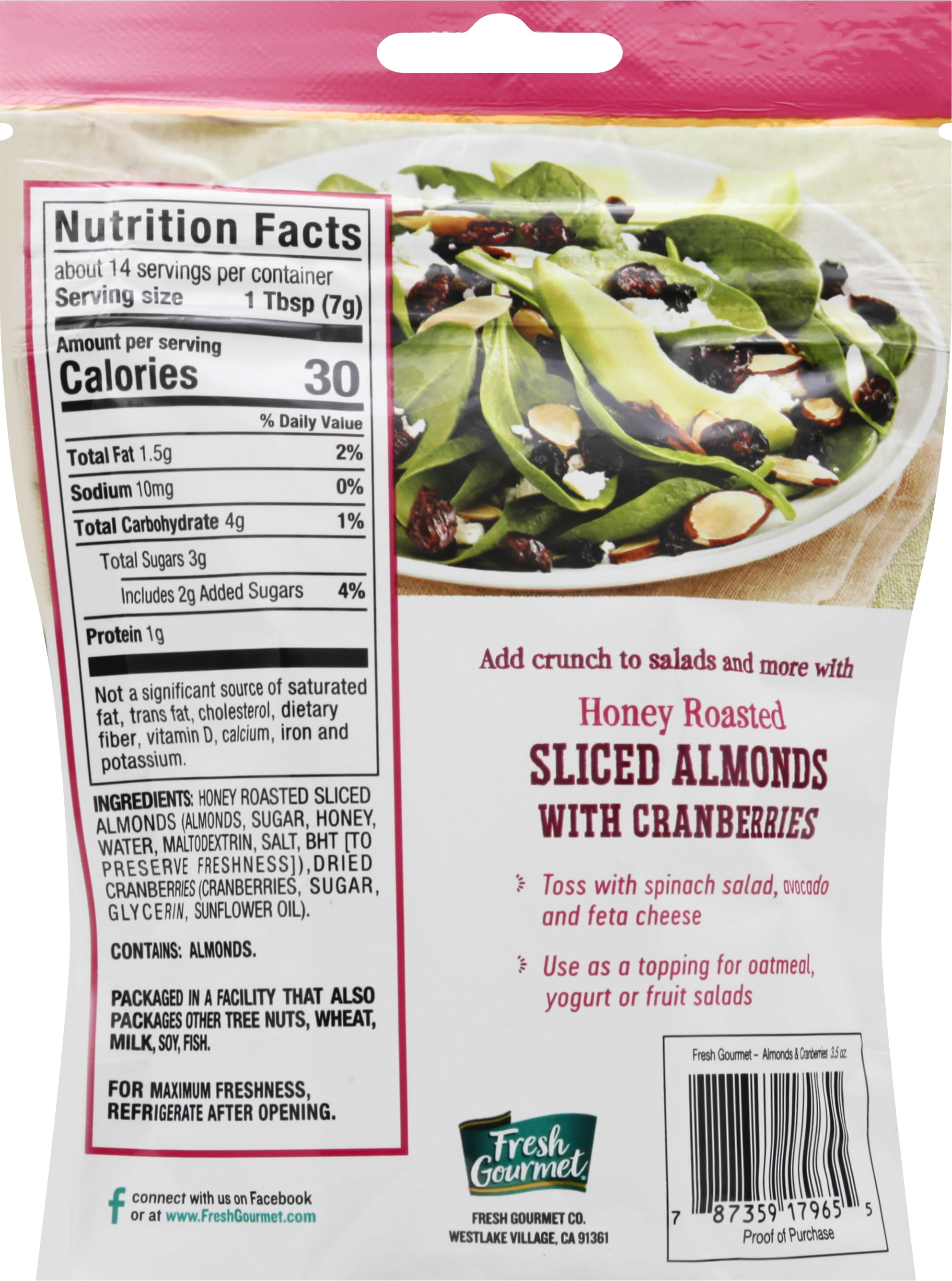 Fresh Gourmet Sliced Honey Roasted Almonds with Cranberries, 3.5 oz (6-Pack)