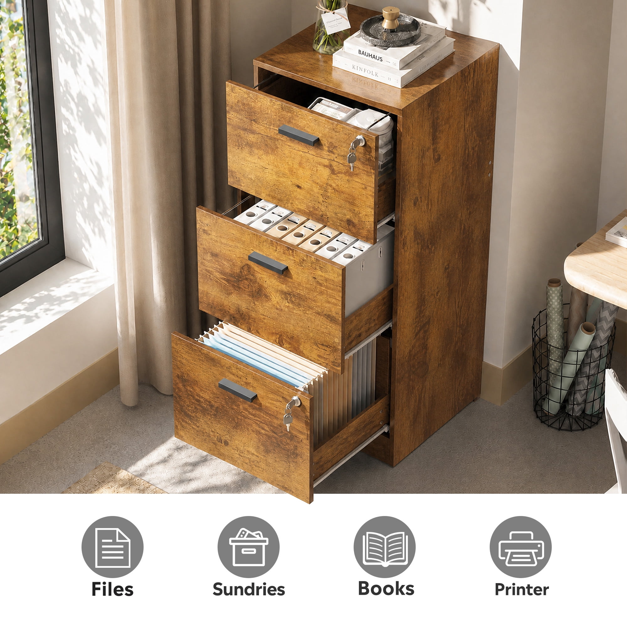 GALAXHERO 3 Drawers File Cabinets, Wood Vertical Filing Cabinet with Lock for Home Office, Letter/A4 Size, Rustic Brown