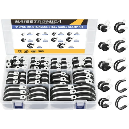 

110PCS Cable Clamps Kit 10 Sizes 1/4 5/16 3/8 1/2 5/8 3/4 1 1-1/4 1-1/2 1-3/4 304 Stainless Steel With Rubber Cushion Hose Clamps for wiring lines and hoses