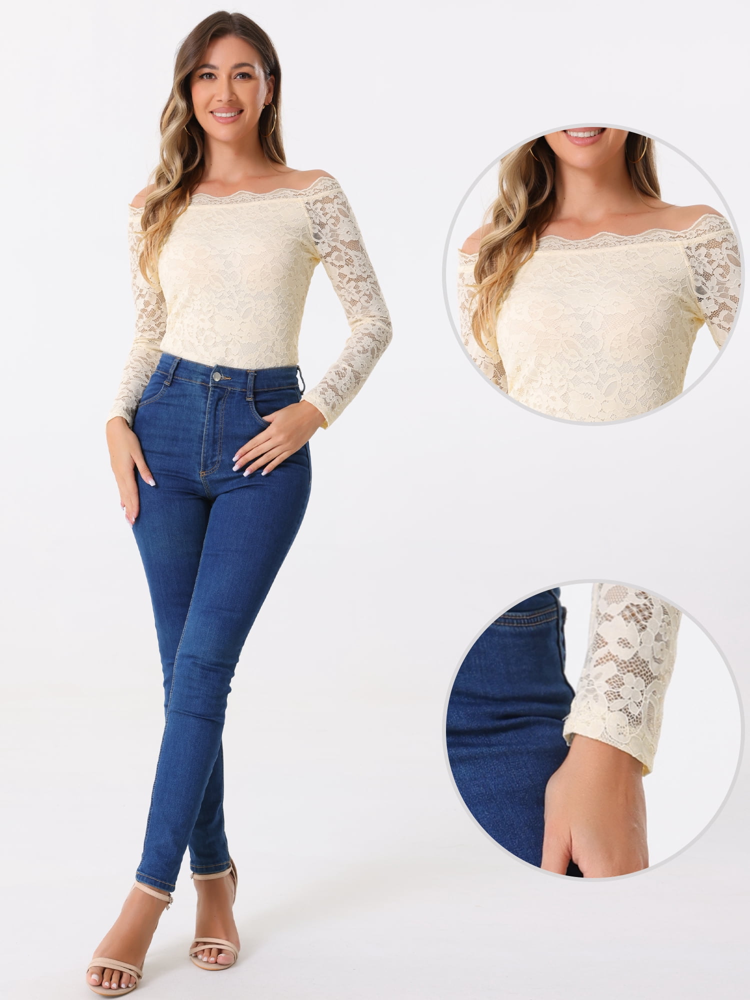 DARING DIVA Floral Lace Off Shoulder Sheer Blouse Top S Beige