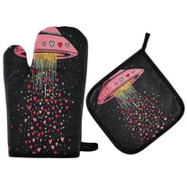 Yayeee Oven Mitts and Pot Holder Set of 2 Heat Resistant Kitchen Gloves Baking Hot Pad, UFO with Hearts Pattern