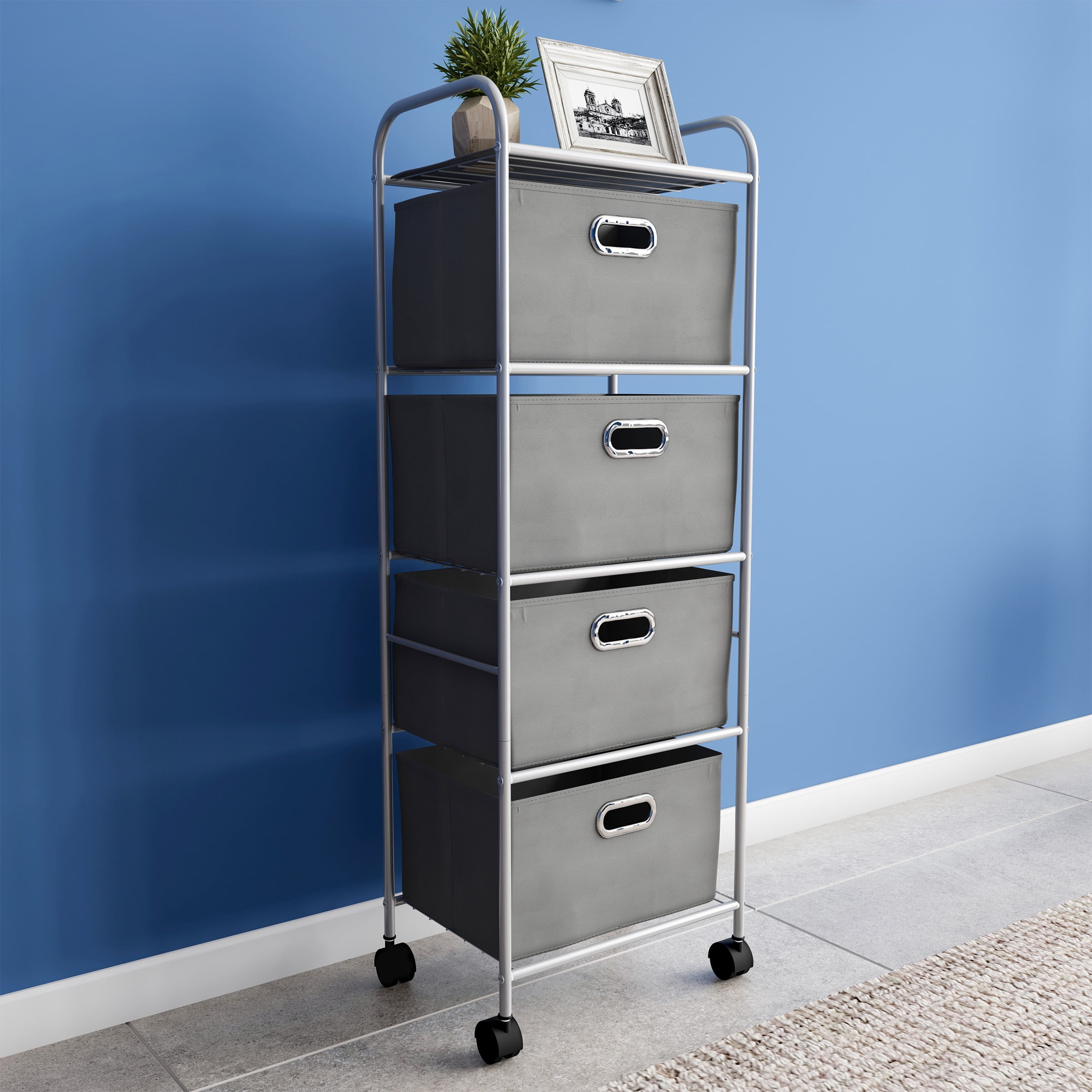 Portable 4 Drawers Cabinet Chest Storage Trolley on Wheel Cart Home Office Salon 
