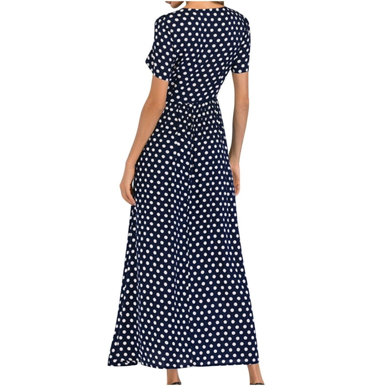 Fesfesfes Fashion Women Semi Formal Dress Round Neck Short Sleeve Beach Dress  Polka Dot Waist Lace Up Bandage Long Dress Gifts for Her Sale - Walmart.com