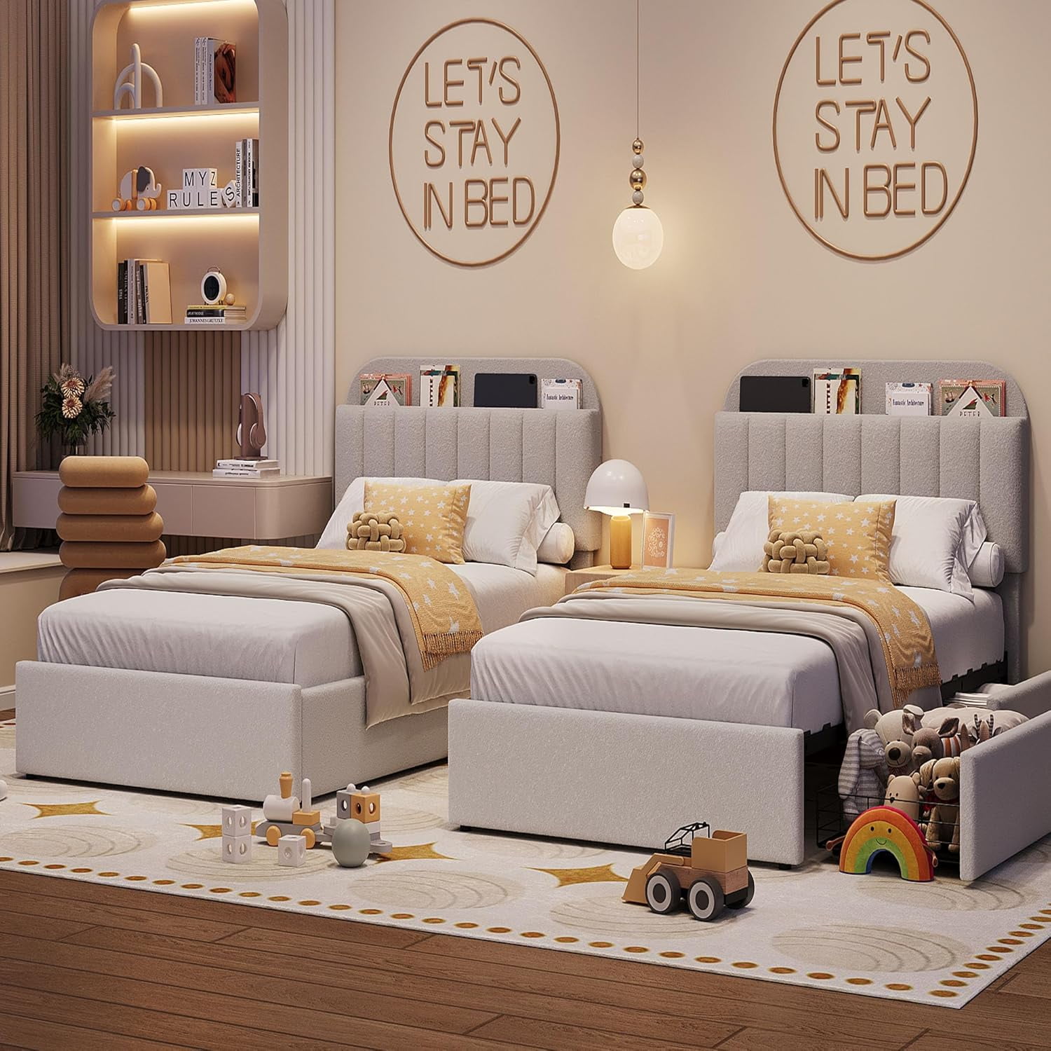 Twin Size Bed Frame with Storage Drawers & Bookcase Headboard, Boucle Platform Bed, Noise-Free, No Box Spring Needed, Grey