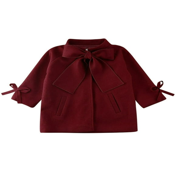 Little Girls Jacket Solid Color Loose Bow Neck Side Pockets Outerwear