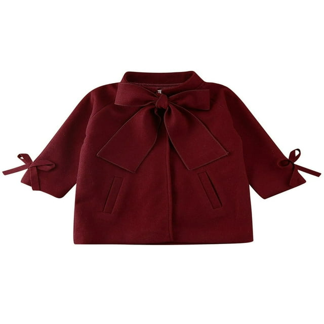Little Girls Jacket Solid Color Loose Bow Neck Side Pockets Outerwear