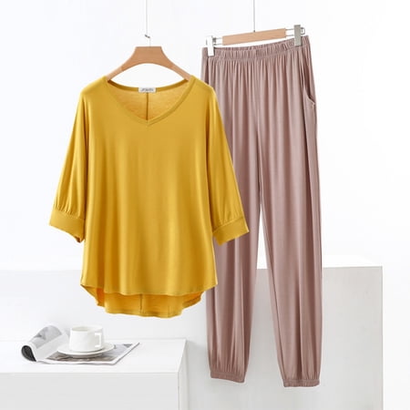 Taylonsss Womens Modal Solid Homewear Set Short Sleeve V Neck Side Pockets Elastic Waist Loose Pants Comfy Loungewear Sleepwear Set