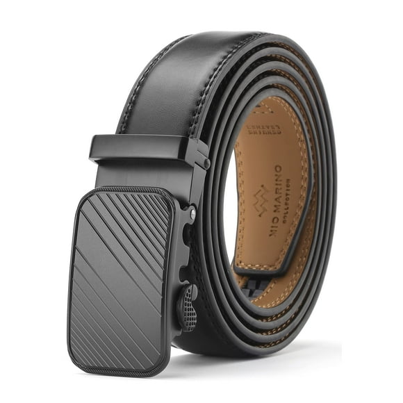 Marino Men’s Genuine Leather Ratchet Dress Belt With Automatic Buckle, Enclosed in an Elegant Gift Box - Modern Striped - Deep Charcoal - Adjustable from 48" to 64" Waist