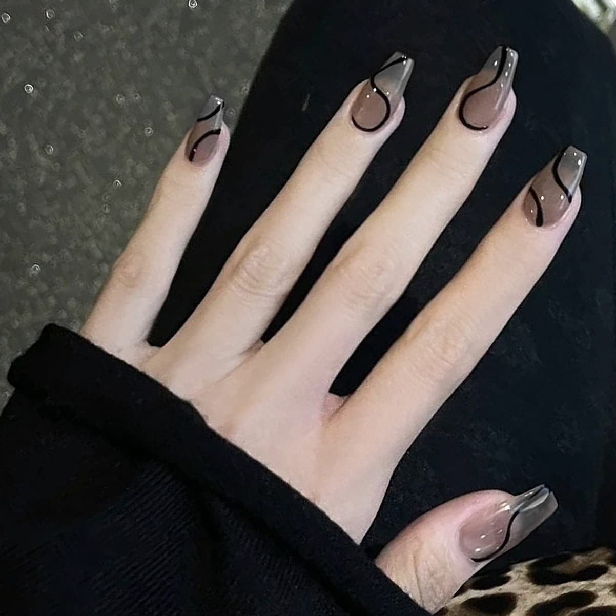 Coffin Press on Nails Black Acrylic Nails Swirl Fake Nails Medium False