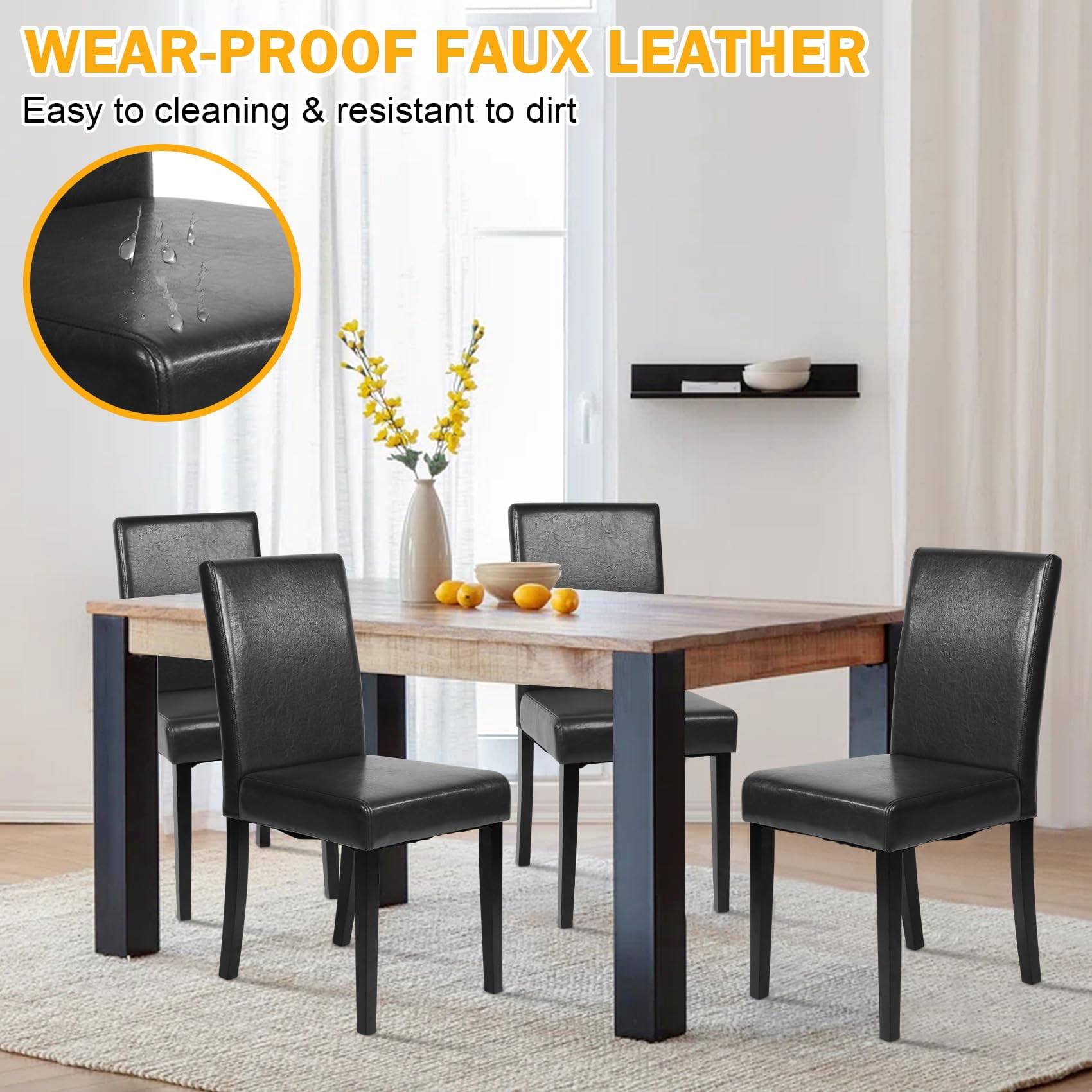 NiamVelo Dining Chairs Set of 4 PU Leather Dining Room Chairs with Waterproof Surface and Wood Legs for Kitchen Restaurant and Living Room,Black