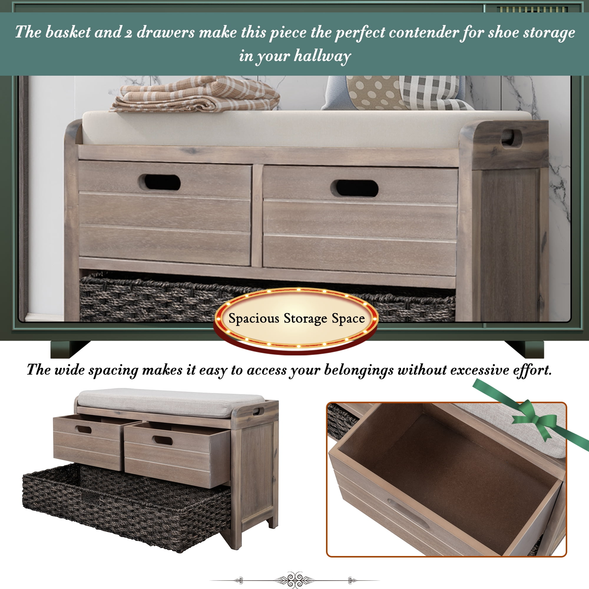 Aukfa Wood Storage Bench with Removable Basket and 2 Drawers for Entryway - Light Brown
