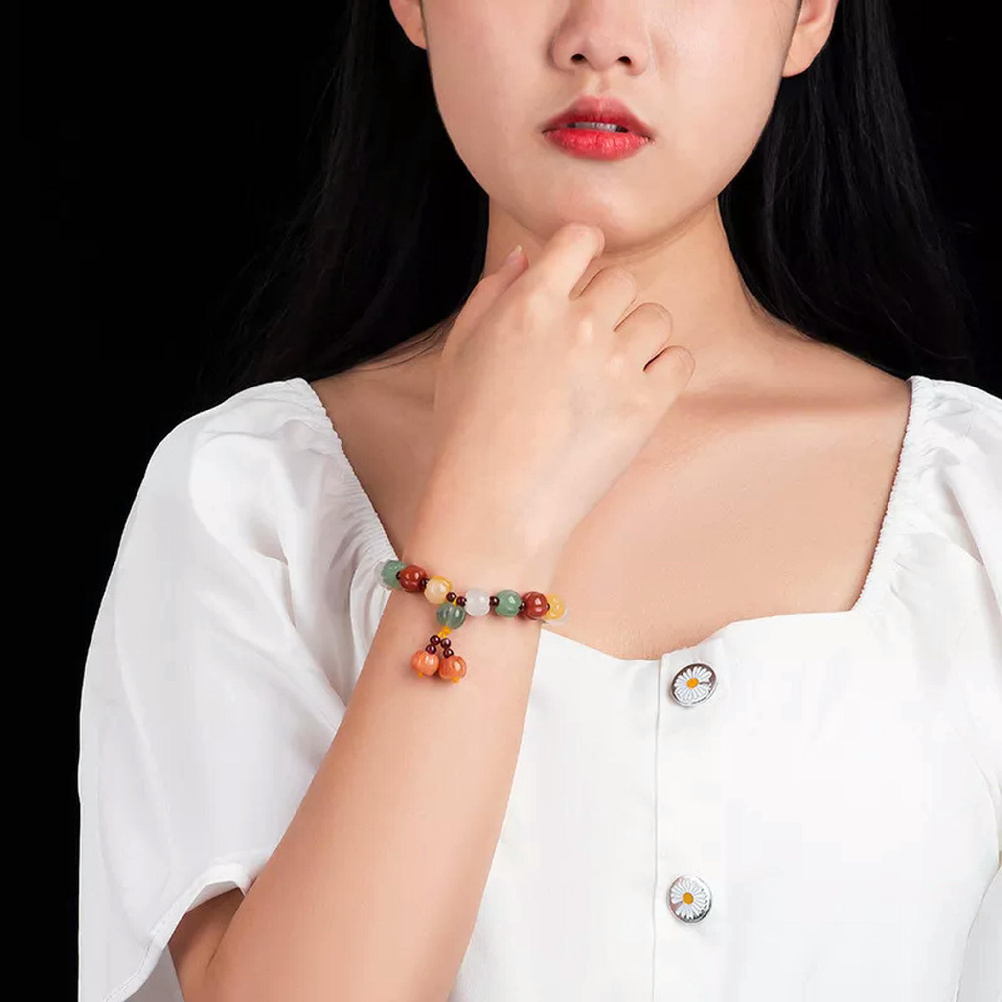 HOOUN Natural Gold Silk Jade Colorful Pumpkin Bracelet Antique Women's Bracelet