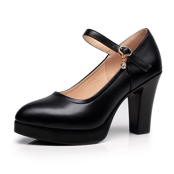 Zapatos de tacón alto con plataforma para Mujer, calzado de piel sintética resistente al agua, con hebilla, color negro liso, para primavera, 2022