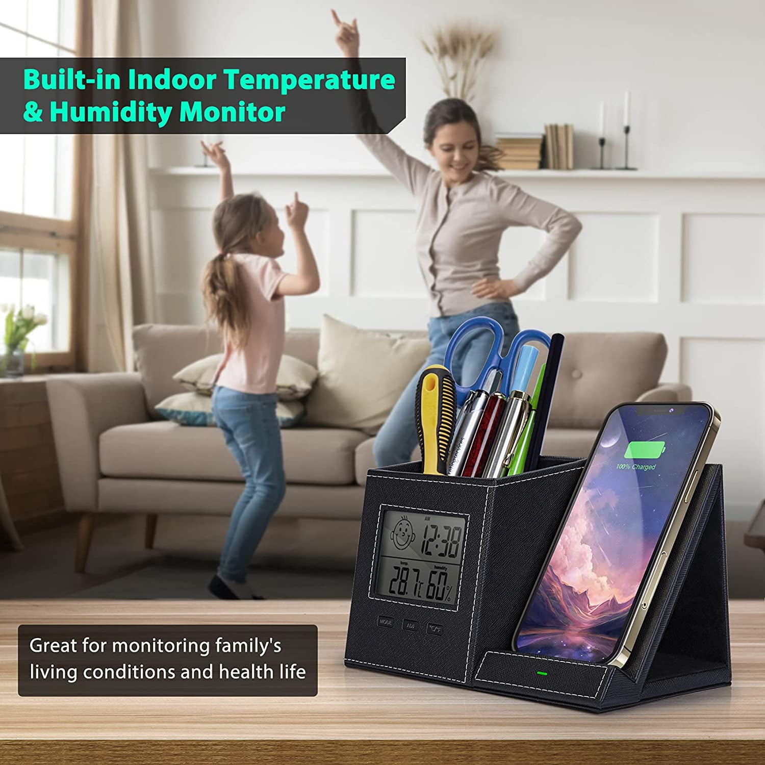 Miroddi Desk Organizer with Wireless Charging for iPhone, PU Leather with Pencil Holder for Desk & Nightstand, 1 Pack