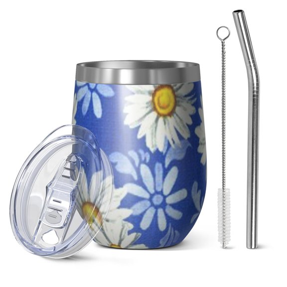 12oz Stemless Wine Tumblers Blue Daisy Flower Lightblue Petals Pattern Vacuum Insulated Stainless Steel Travel Tumbler Cups Mug with Lid and Straw for Champaign,Cocktail,Beer with Cleaning Brush