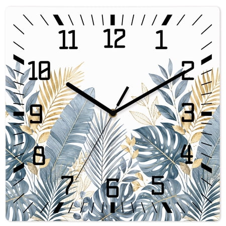 Wall Clock Blue Golden Palm Leaves Operated Square Clocks Wooden Silent Non-Ticking Wallclock 10 Inch Coastal Monstera Leaf Wood Wall Clock for Living Room Bedroom Office Shool Home Decor
