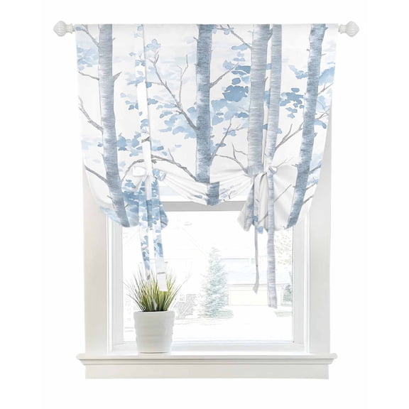 Blue Leaf Branches Tie Up Curtains for Window, Thermal Insulated Balloon Shade Adjustable Rod Pocket Curtains Valance Panels for Kitchen Bathroom Cafe 42 x 45 Vintage Tree Watercolor