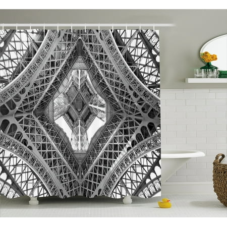 Paris France Tower - Black and White Shower Curtain, Eiffel Tower View From Below Paris City French Monument Image, Fabric Bathroom Set with Hooks, Grey Black and White, by Ambesonne