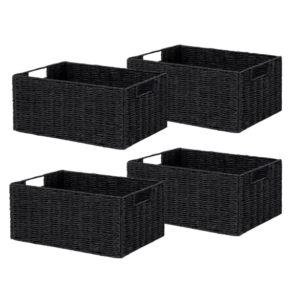 Handcrafted Paper Rope Storage Basket Set of 4, Foldable Natural Organizer Bins with Handles for Shelves, Bathroom, and Home Styling, Black