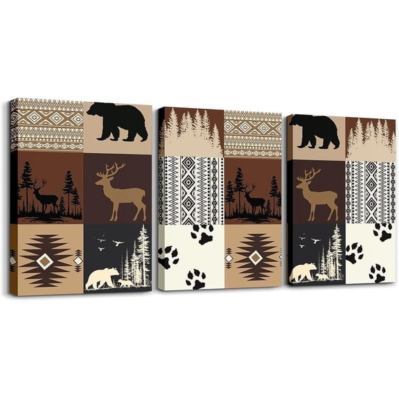 Cabin Bear Canvas Wall Art for Living Room Bedroom 12" x 16" 3 Piece Rustic Deer Picture Wall Decor Farmhouse Wolf Bathroom Wall Rust Art Wild Animal Brown Wall Painting