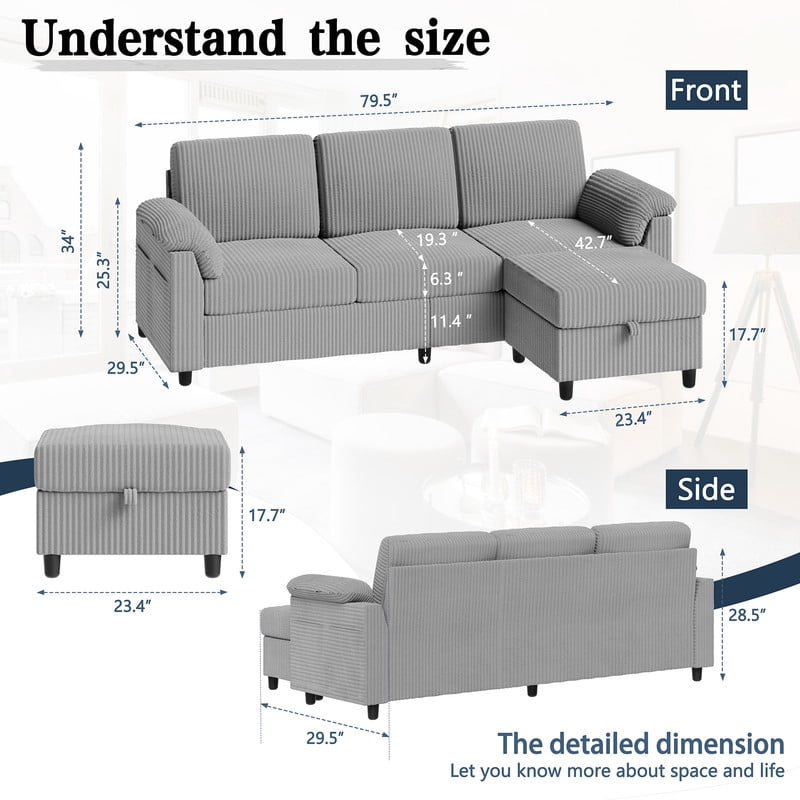 Walsunny 79" Convertible Sectional Sofa, L Shaped Sofa Couch with Reversible Chaise for Living Room Modern Linen Fabric for Living Room, Light Gray