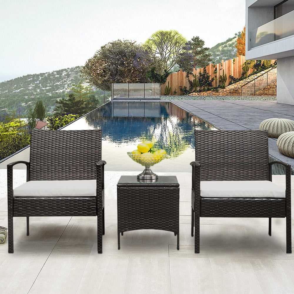 Outdoor Conversation Sets Clearance, 3 Piece Outdoor Bistro Set with Coffee Table, Rattan Patio