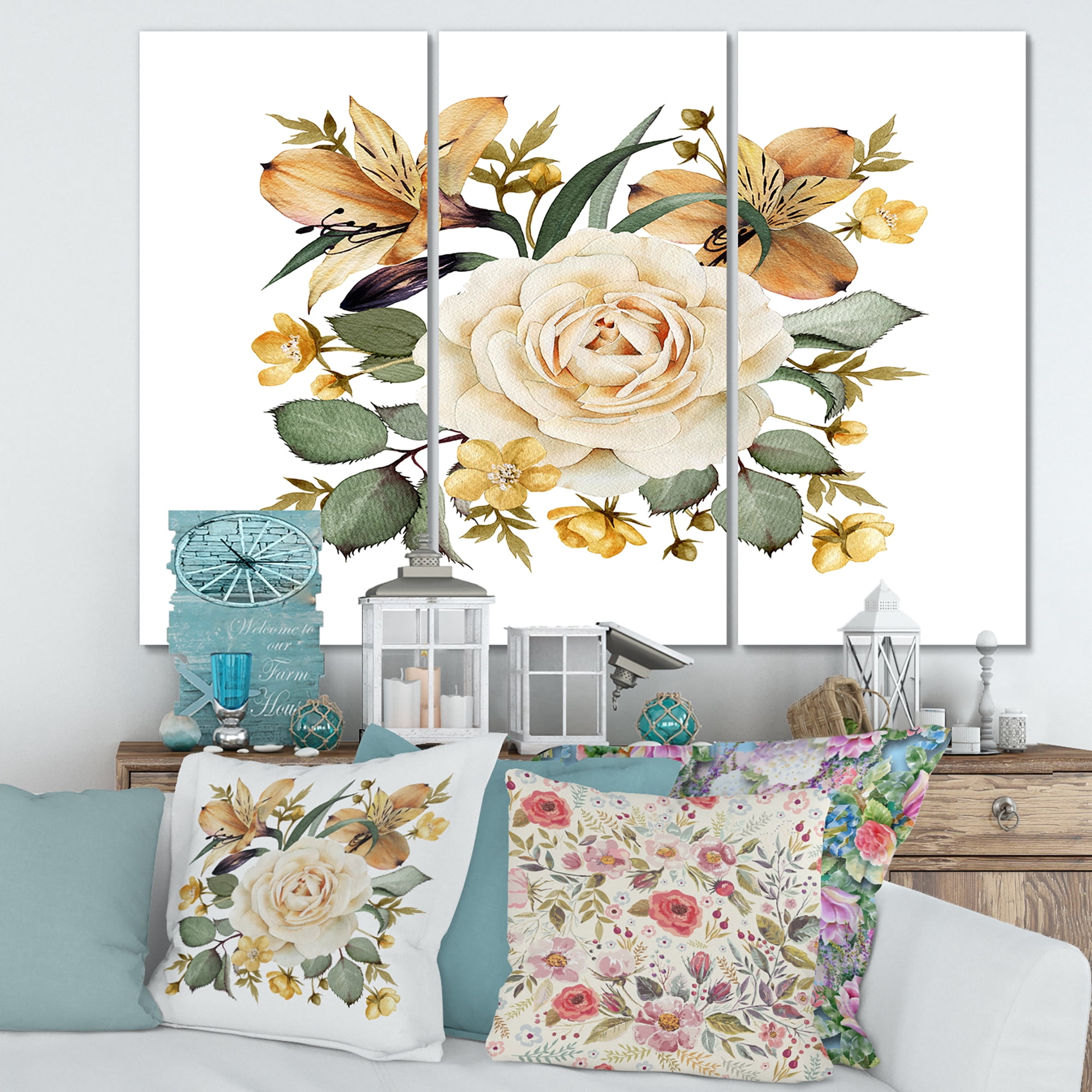 Designart ' Ancient White Rose ' Traditional Canvas Wall Art Print