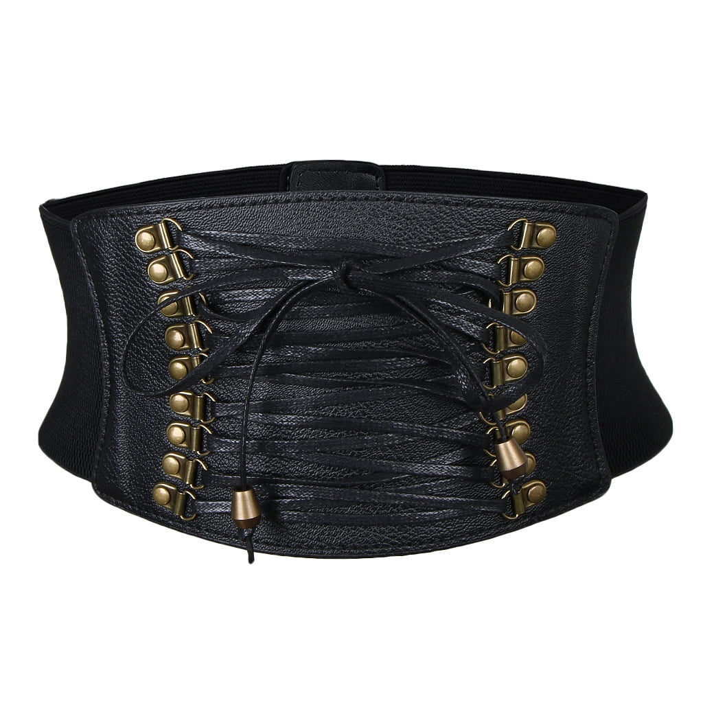 Vintage Steampunk Rivets Black Leather Wide Waist Belt Strehcy Band Women 
