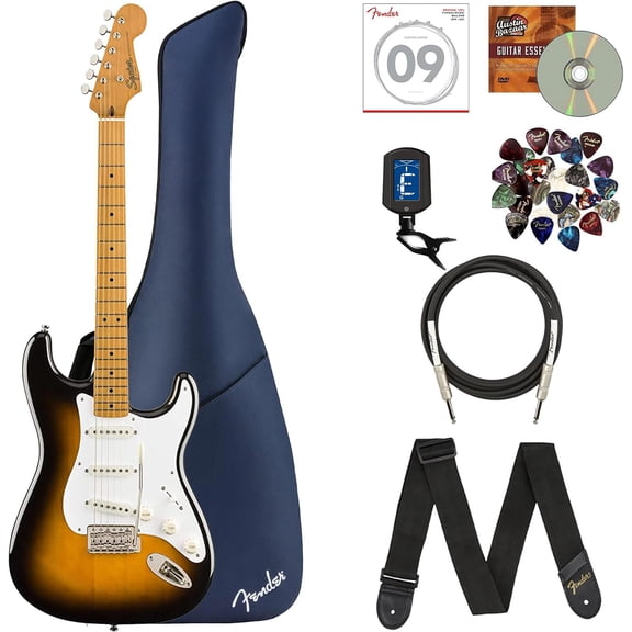 Fender Squier Classic Vibe '50s Stratocaster - 2-Color Sunburst Bundle with Gig Bag, Instrument Cable, Tuner, Strap, Strings, Picks, and Austin Bazaar Instructional DVD