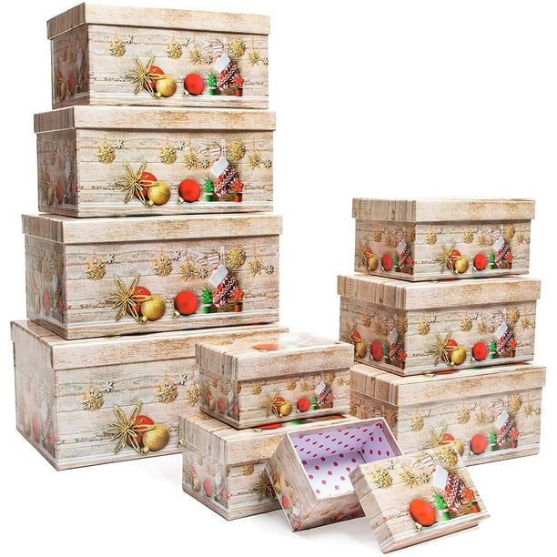 Christmas Gift Boxes with Lids - 10 Sizes Kraft Paper Boxes Bundle Ornament Designs, 10 Pack