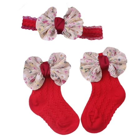 

KelaJuan Baby Girl Socks Set Princess Bowknot Patchwork Soft Warm Newborn Socks and Hairband