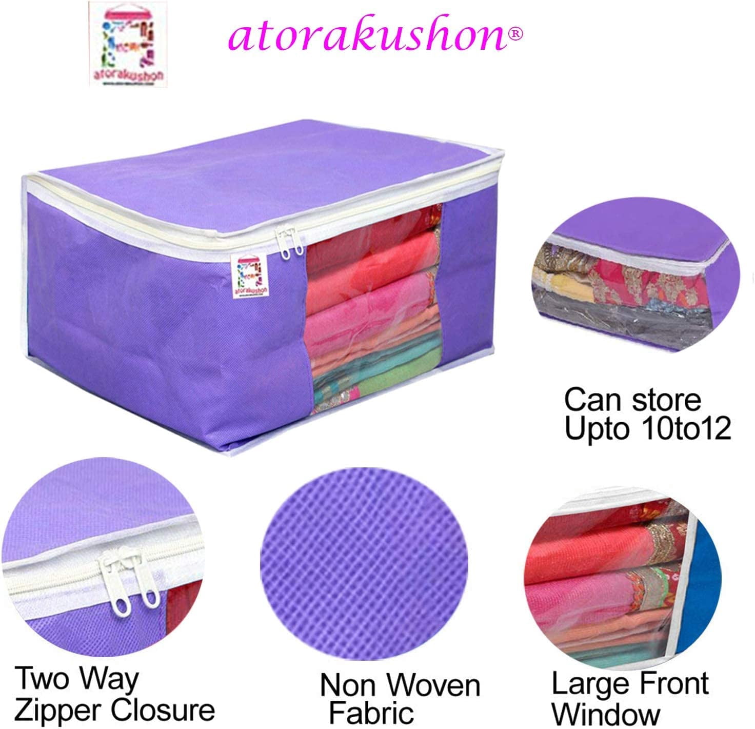 atorakushon Nonwoven Fabric 5 Saree and 3 Blouse Garments Clothing Storage Cover Bag Pouch Wardrobe Organizers with Clear Window view Zip Lock Blue
