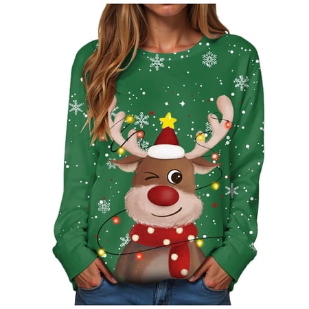 FYEGRE Women s Beautiful Long Jumper Funny Reindeer Jumper Sweater Sweatshirt Sweater Women s Chic Women Winter Top Green XXL