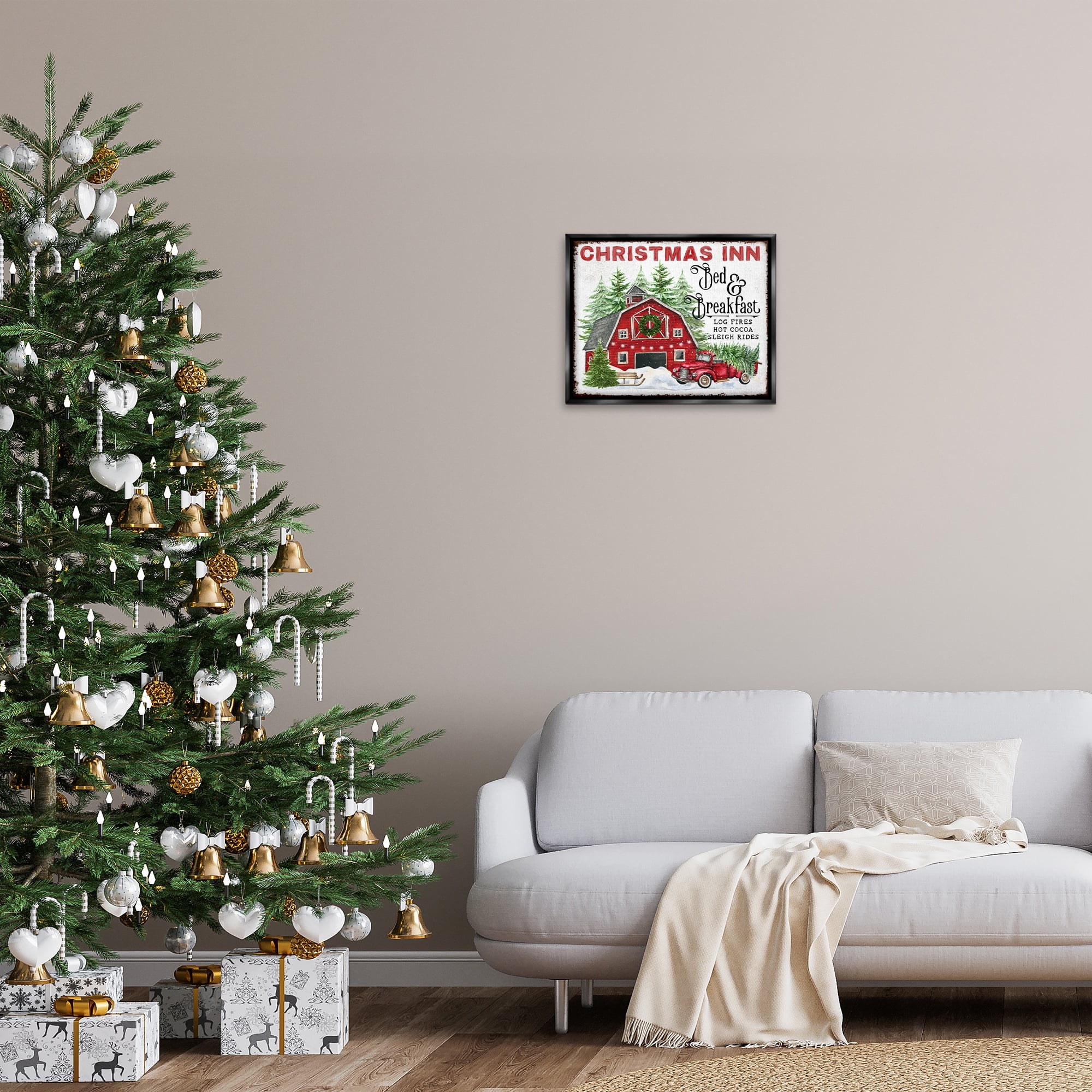 Stupell Industries Christmas Inn Shop Holiday Painting Black Floater Framed Canvas Art Prints Wall Art, 21 x 17