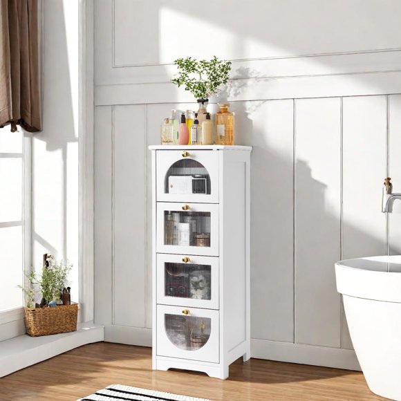 EDTara Bathroom Floor Cabinet with 4 Drawers, Freestanding Bathroom Storage Cabinet, 11.8 x 11.8 x 33.1 Inches Small Wooden Storage for Bathroom, Living Room, Apartment