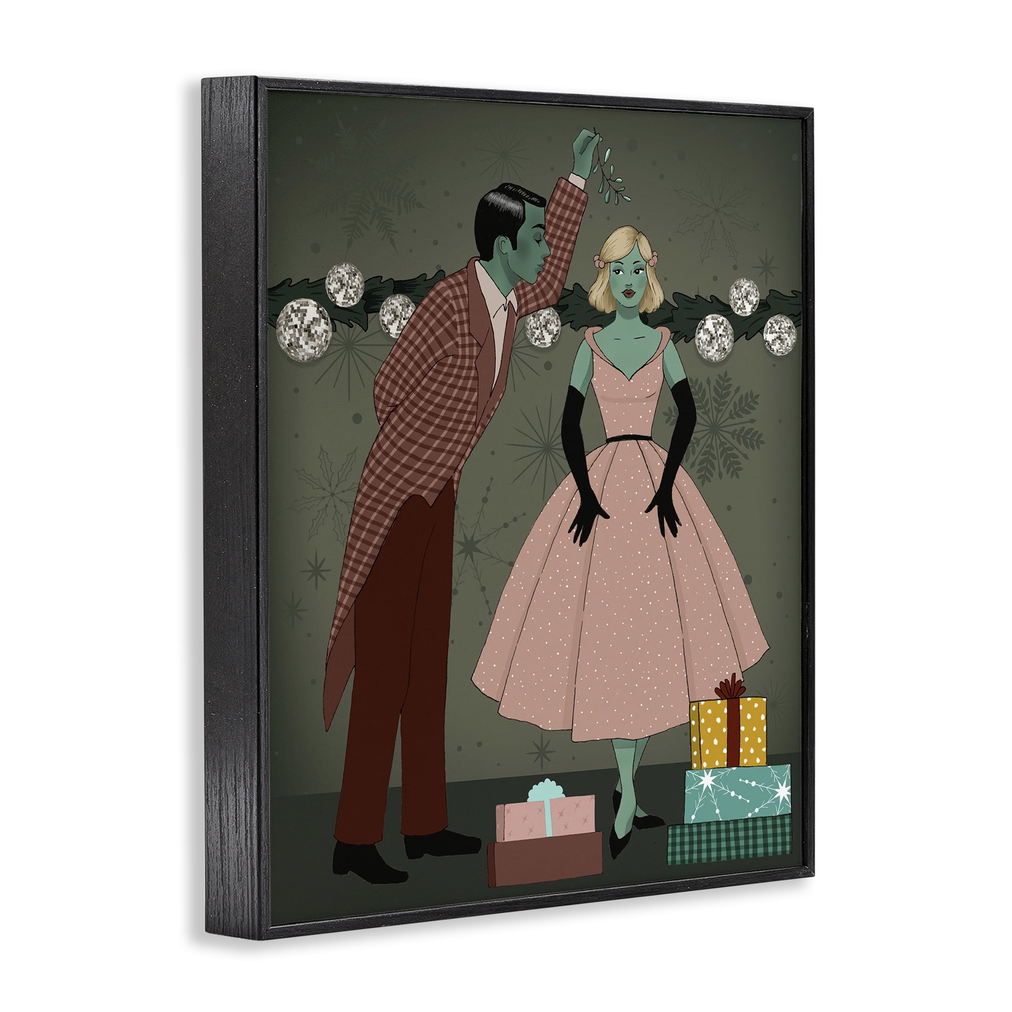 Stupell Industries Romantic Christmas Kiss Holiday Painting Black Framed Art Print Wall Art, 11 x 14